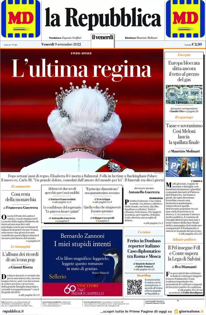 Prime pagine giornali 9 settembre 2022. Aiuti: 6 mld per la crisi, 22 in armi
