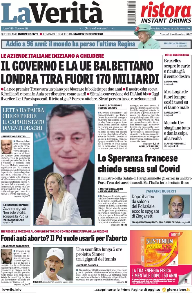 Prime pagine giornali 9 settembre 2022. Aiuti: 6 mld per la crisi, 22 in armi