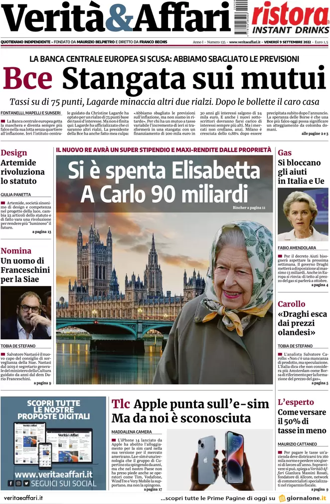 Prime pagine giornali economici 9 settembre. Bce, ecco la stangata sui mutui