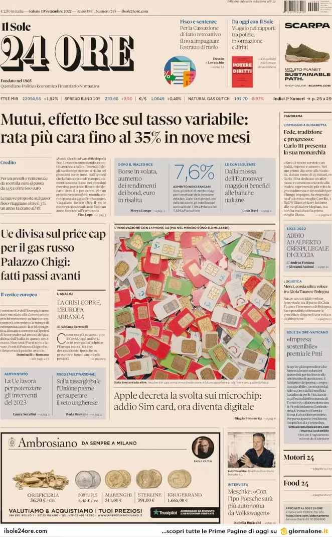 Prime pagine giornali 10 settembre 2022. Caos sul gas e Meloni da Mattarella