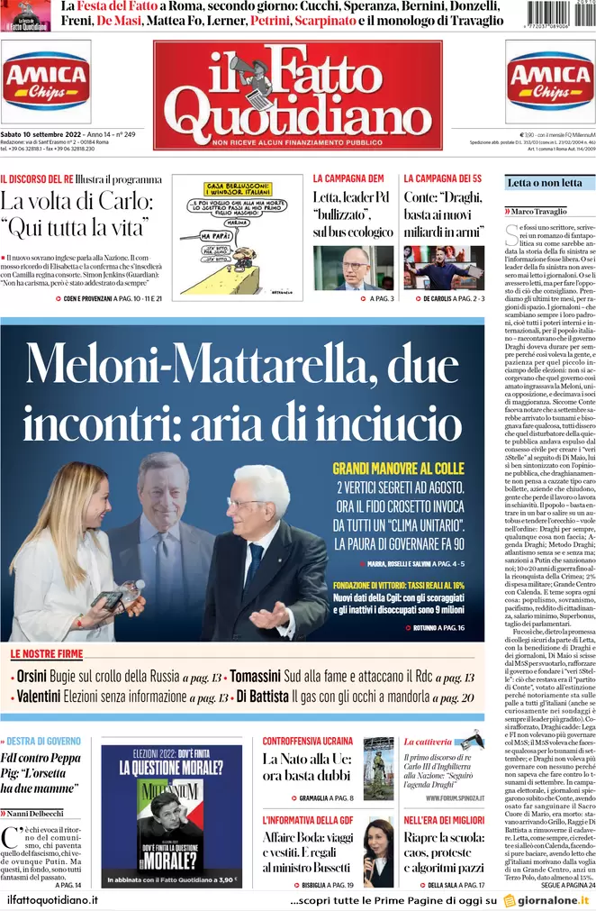 Prime pagine giornali 10 settembre 2022. Caos sul gas e Meloni da Mattarella