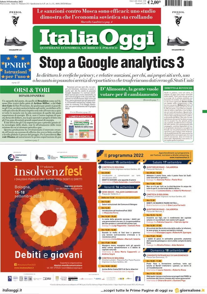 Prime pagine giornali economici 10 settembre. Stop a Google Analytics 3