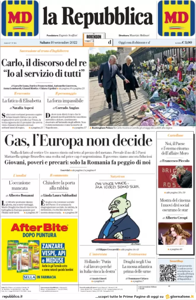 Prime pagine giornali 10 settembre 2022. Caos sul gas e Meloni da Mattarella