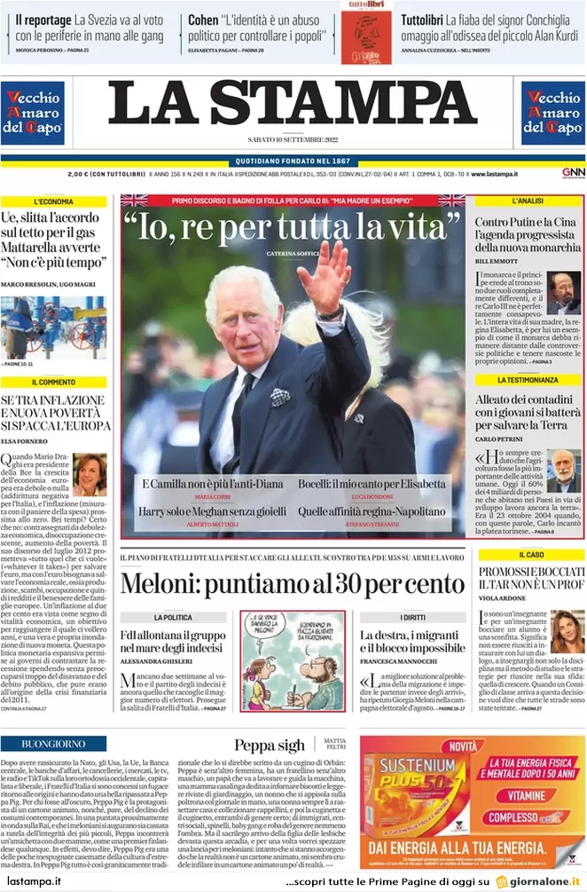 Prime pagine giornali 10 settembre 2022. Caos sul gas e Meloni da Mattarella