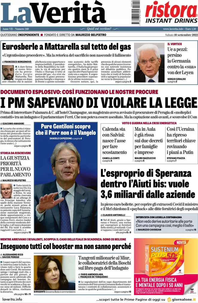 Prime pagine giornali 10 settembre 2022. Caos sul gas e Meloni da Mattarella