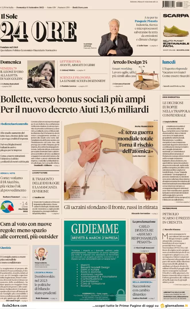 Prime pagine giornali 11 settembre 2022. Disfatta russa e ritorno del nucleare