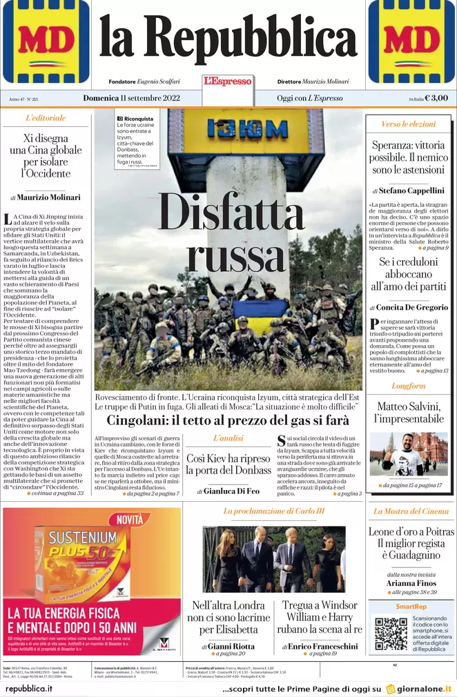Prime pagine giornali 11 settembre 2022. Disfatta russa e ritorno del nucleare
