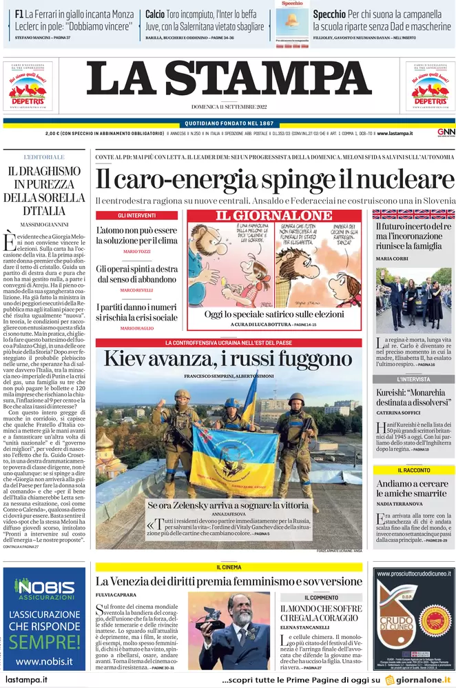 Prime pagine giornali 11 settembre 2022. Disfatta russa e ritorno del nucleare