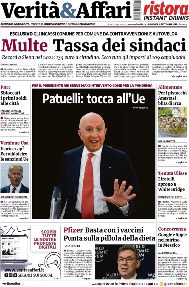 Prime pagine giornali economici 11 settembre. Bollette, si allargano i bonus