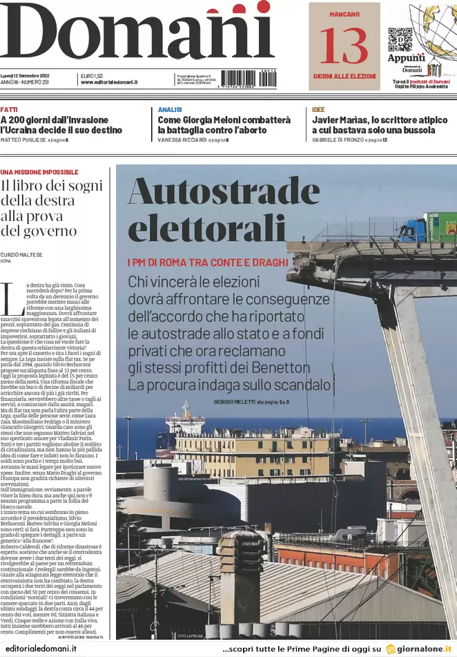 Prime pagine giornali 12 settembre 2022. Meloni all’Ue: “Finita la pacchia” Prime pagine giornali 12 settembre 2022. Meloni all’Ue: “Finita la pacchia”