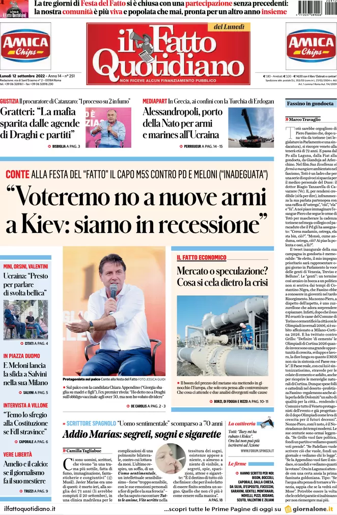 Prime pagine giornali 12 settembre 2022. Meloni all’Ue: “Finita la pacchia” Prime pagine giornali 12 settembre 2022. Meloni all’Ue: “Finita la pacchia”