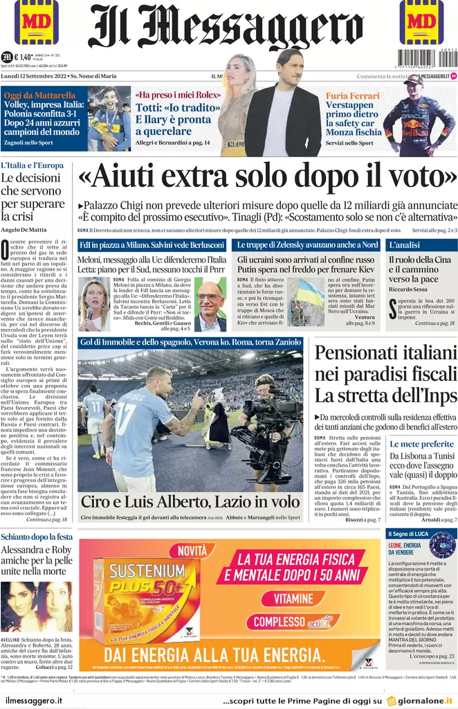 Prime pagine giornali 12 settembre 2022. Meloni all’Ue: “Finita la pacchia” Prime pagine giornali 12 settembre 2022. Meloni all’Ue: “Finita la pacchia”