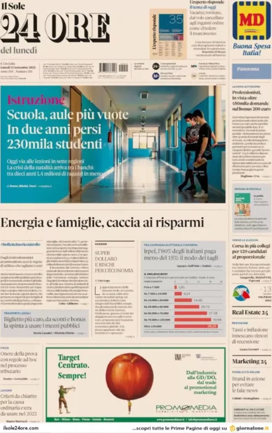 Prime pagine giornali economici 12 settembre. Caro bollette da codice rosso