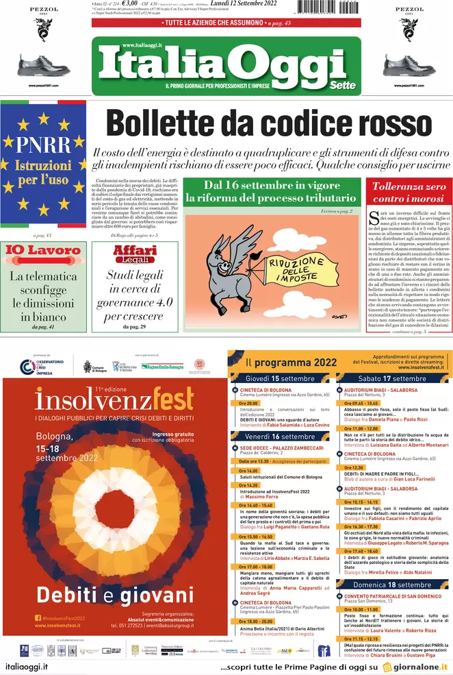 Prime pagine giornali economici 12 settembre. Caro bollette da codice rosso Prime pagine giornali economici 12 settembre. Caro bollette da codice rosso