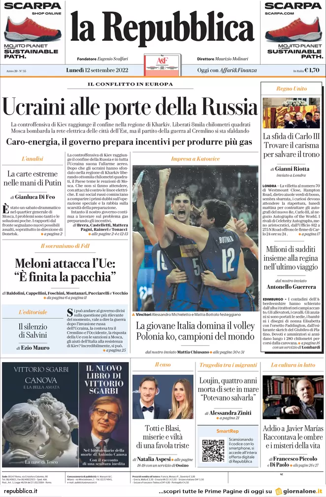 Prime pagine giornali 12 settembre 2022. Meloni all’Ue: “Finita la pacchia” Prime pagine giornali 12 settembre 2022. Meloni all’Ue: “Finita la pacchia”
