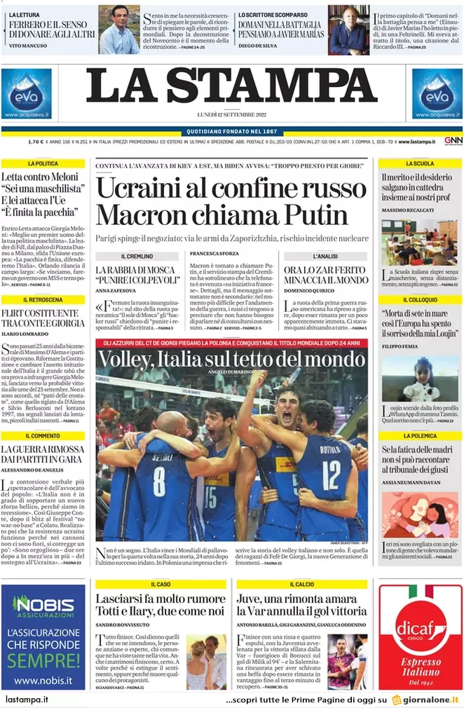 Prime pagine giornali 12 settembre 2022. Meloni all’Ue: “Finita la pacchia” Prime pagine giornali 12 settembre 2022. Meloni all’Ue: “Finita la pacchia”