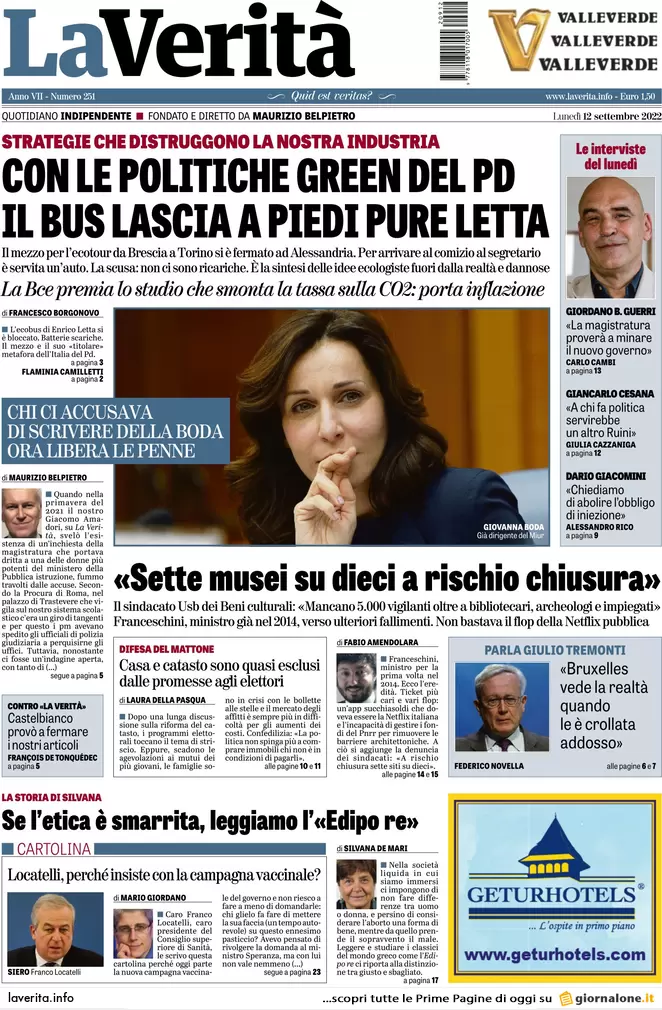 Prime pagine giornali 12 settembre 2022. Meloni all’Ue: “Finita la pacchia” Prime pagine giornali 12 settembre 2022. Meloni all’Ue: “Finita la pacchia”