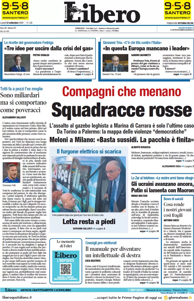Prime pagine giornali 12 settembre 2022. Meloni all’Ue: “Finita la pacchia” Prime pagine giornali 12 settembre 2022. Meloni all’Ue: “Finita la pacchia”