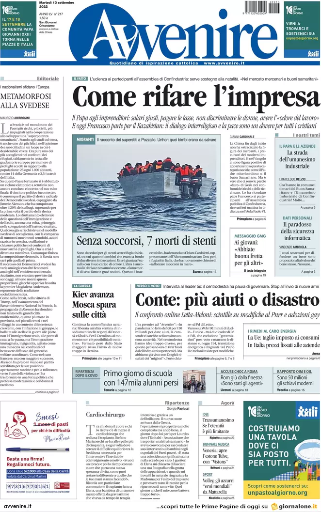 Prime pagine giornali 13 settembre 2022. L’Ue vuole spegnerci tutte le luci