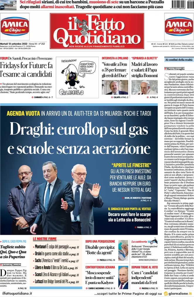 Prime pagine giornali 13 settembre 2022. L’Ue vuole spegnerci tutte le luci