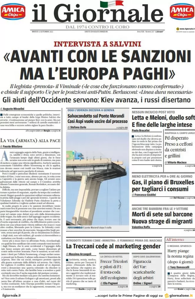 Prime pagine giornali 13 settembre 2022. L’Ue vuole spegnerci tutte le luci