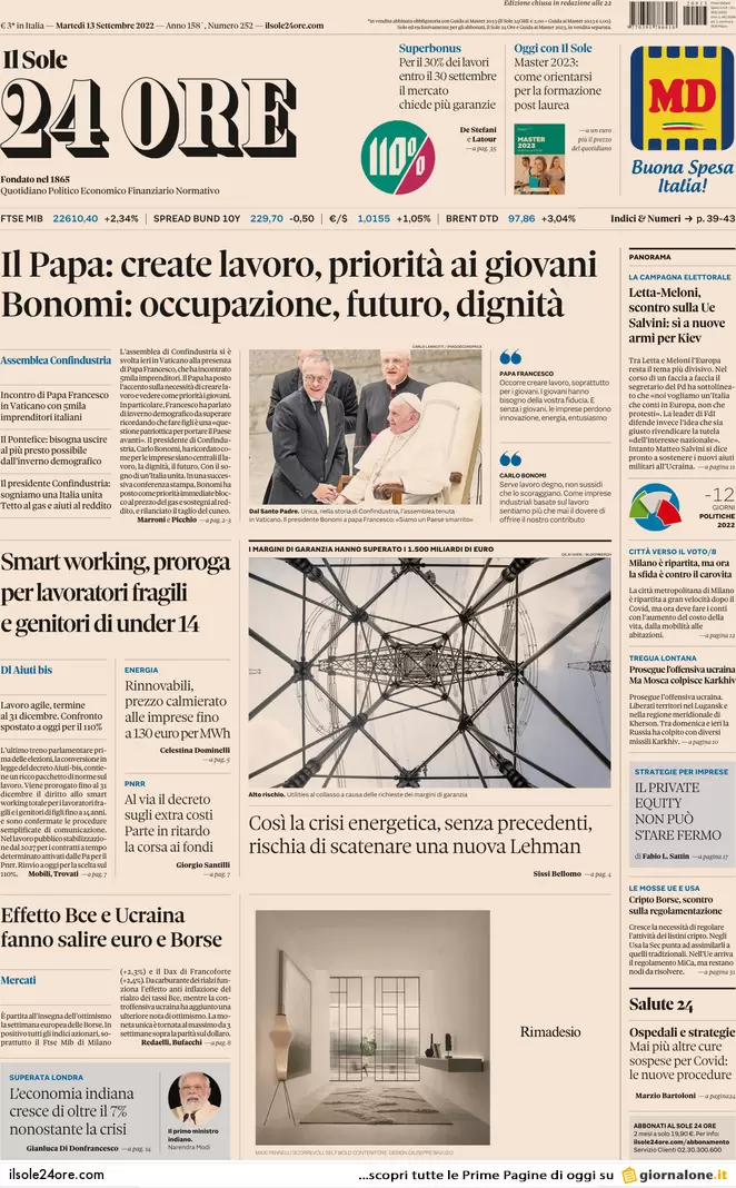 Prime pagine giornali economici 13 settembre. Bonus 110%, responsabilità soft Prime pagine giornali economici 13 settembre. Bonus 110%, responsabilità soft