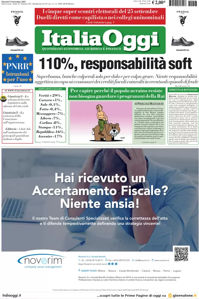 Prime pagine giornali economici 13 settembre. Bonus 110%, responsabilità soft Prime pagine giornali economici 13 settembre. Bonus 110%, responsabilità soft