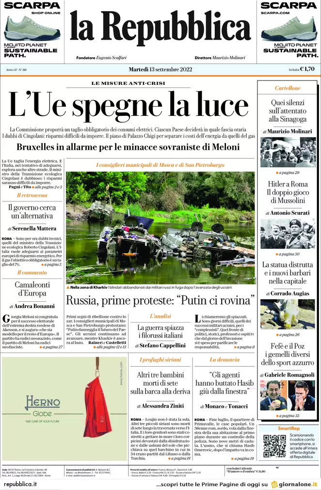 Prime pagine giornali 13 settembre 2022. L’Ue vuole spegnerci tutte le luci