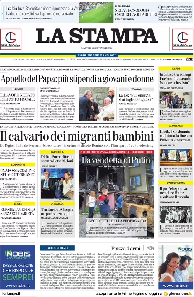 Prime pagine giornali 13 settembre 2022. L’Ue vuole spegnerci tutte le luci