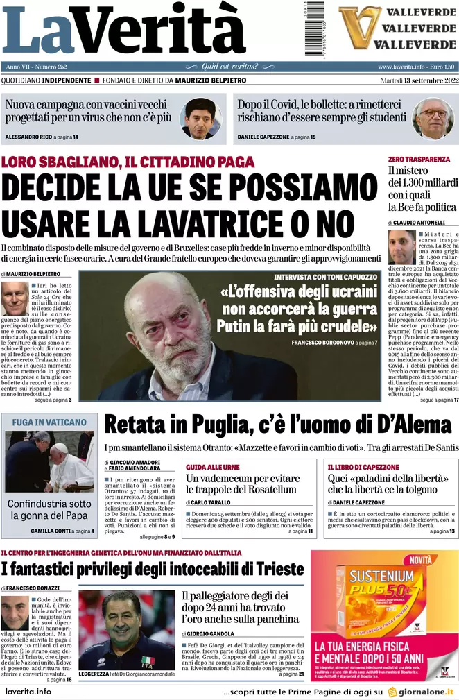 Prime pagine giornali 13 settembre 2022. L’Ue vuole spegnerci tutte le luci