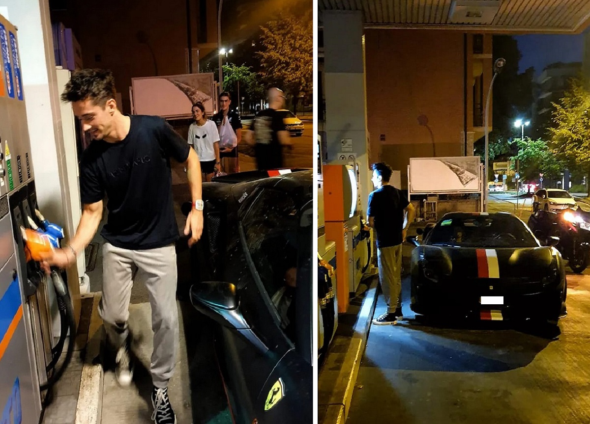 Leclerc a secco con la sua Ferrari  si ferma dal benzinaio a Monza. FOTO