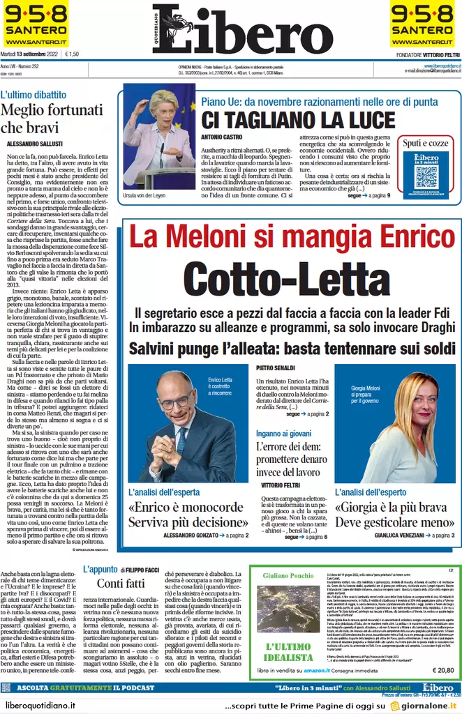 Prime pagine giornali 13 settembre 2022. L’Ue vuole spegnerci tutte le luci