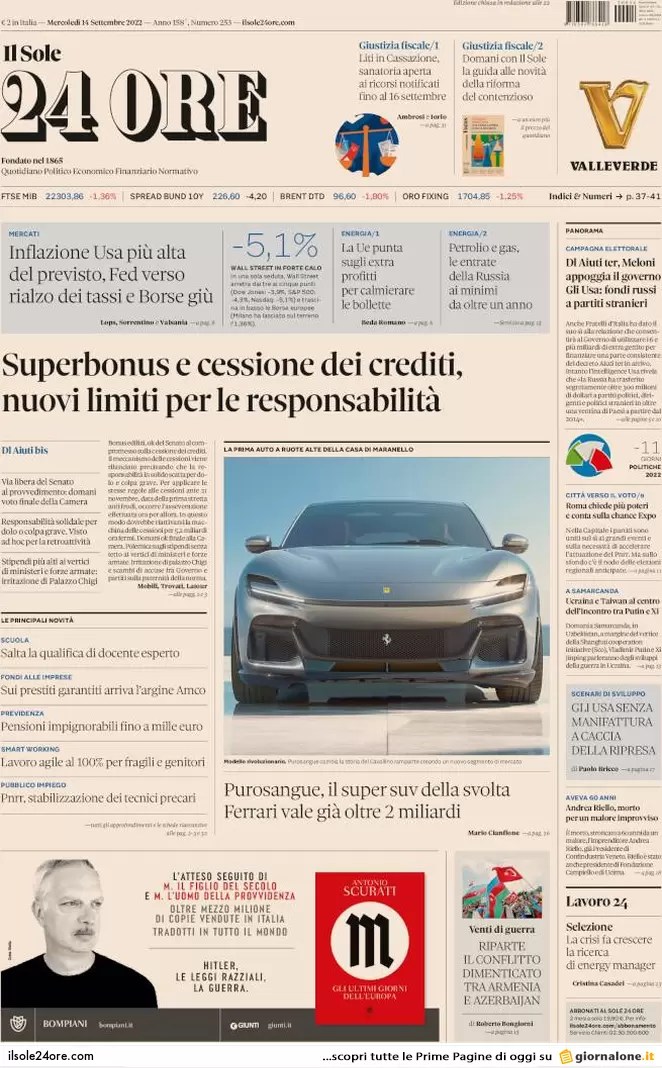 Prime pagine giornali 14 settembre 2022. Ue, no tetto del gas: rischi enormi