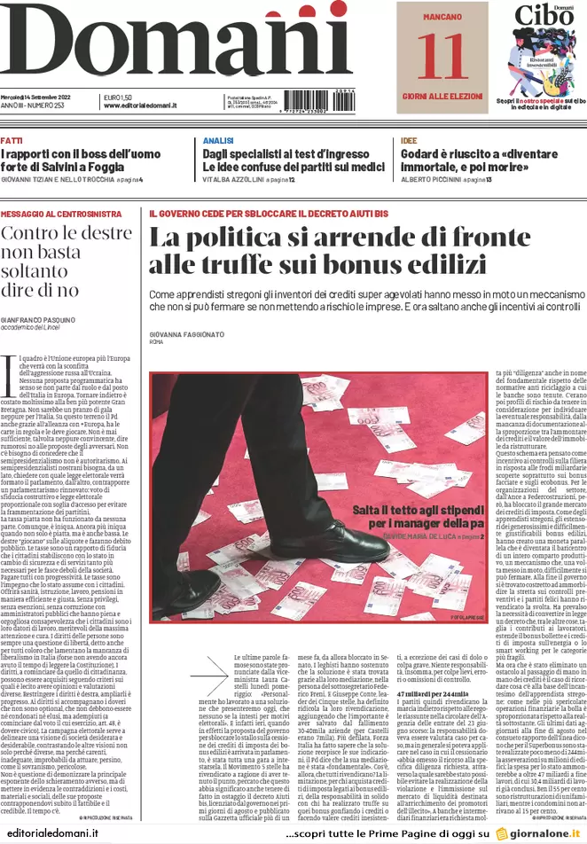 Prime pagine giornali 14 settembre 2022. Ue, no tetto del gas: rischi enormi