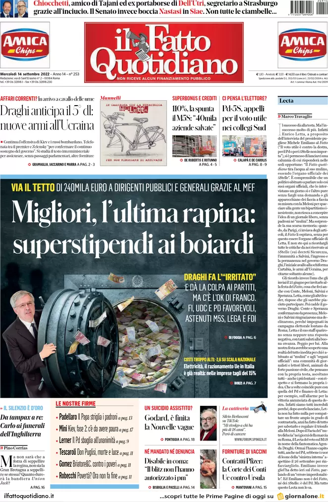 Prime pagine giornali 14 settembre 2022. Ue, no tetto del gas: rischi enormi