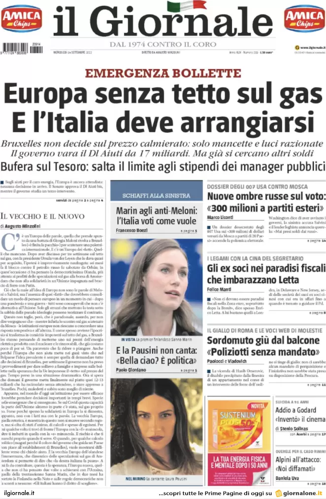Prime pagine giornali 14 settembre 2022. Ue, no tetto del gas: rischi enormi