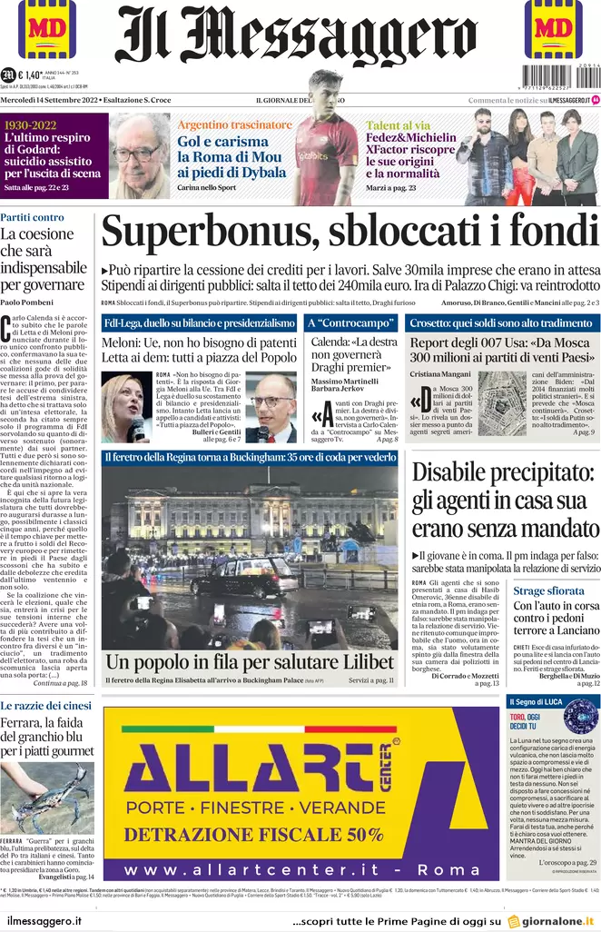Prime pagine giornali 14 settembre 2022. Ue, no tetto del gas: rischi enormi