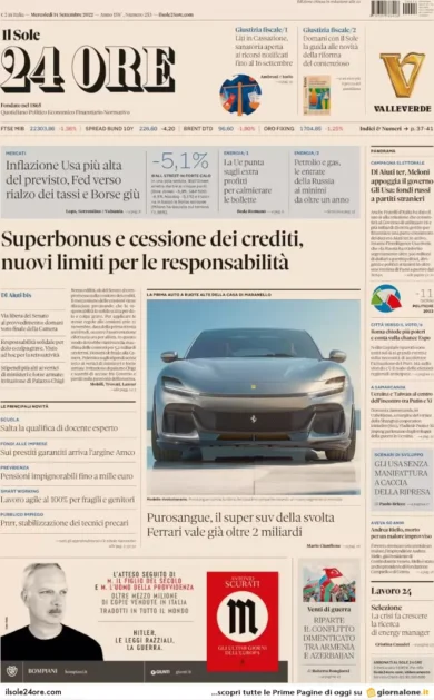 Prime pagine giornali economici 14 settembre. Superbonus, meno responsabilità