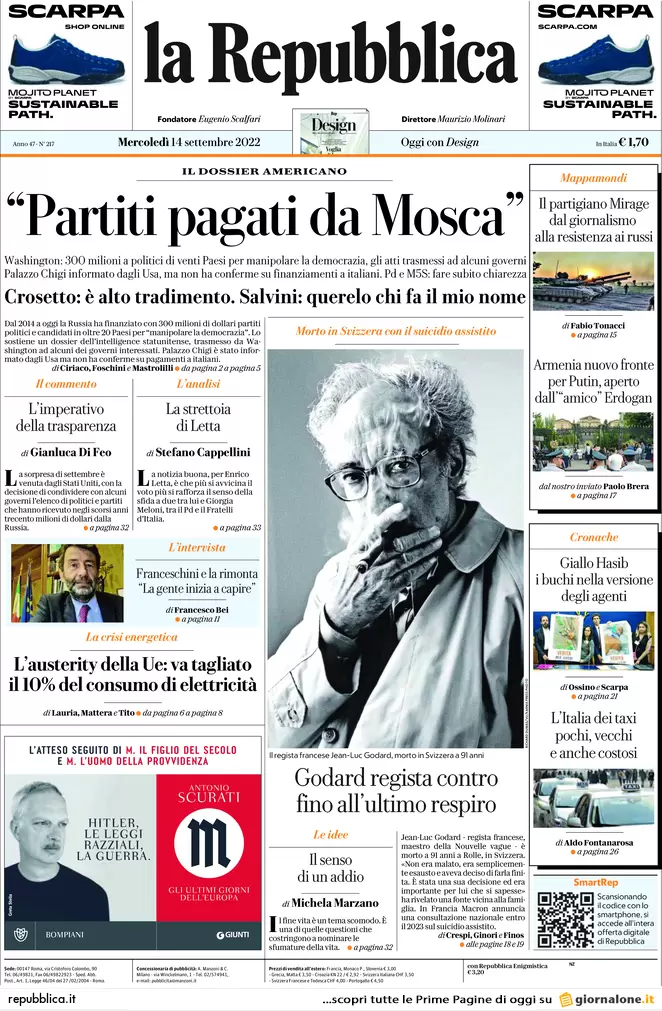 Prime pagine giornali 14 settembre 2022. Ue, no tetto del gas: rischi enormi