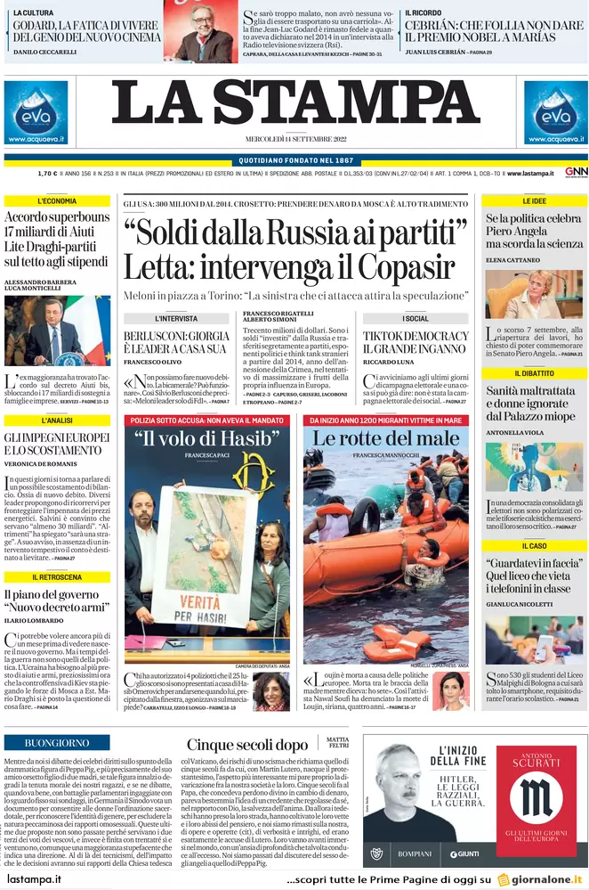 Prime pagine giornali 14 settembre 2022. Ue, no tetto del gas: rischi enormi