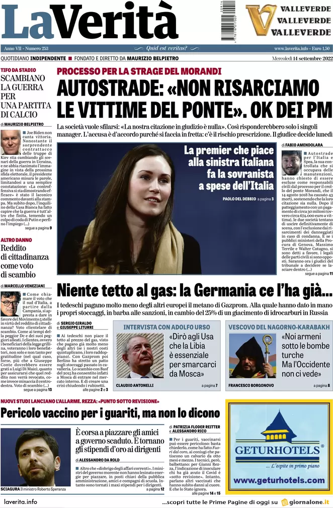 Prime pagine giornali 14 settembre 2022. Ue, no tetto del gas: rischi enormi