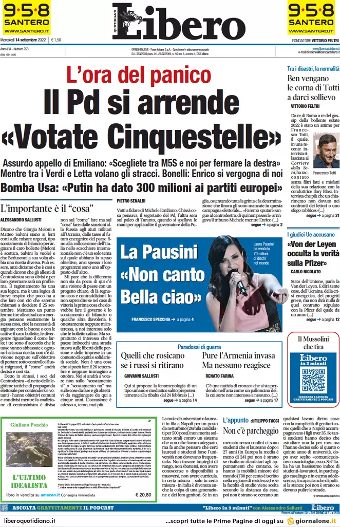Prime pagine giornali 14 settembre 2022. Ue, no tetto del gas: rischi enormi
