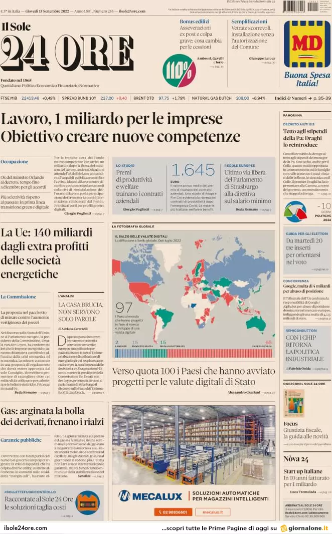 Prime pagine giornali 15 settembre 2022. Salario minimo, finti sì di cdx e Pd Prime pagine giornali 15 settembre 2022. Salario minimo, finti sì di cdx e Pd