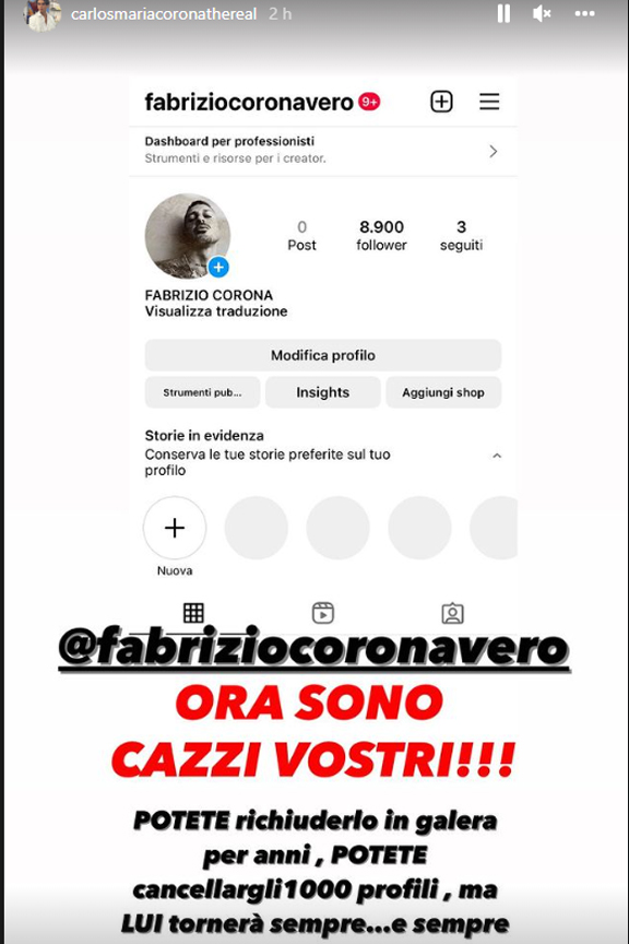 Social, sospeso il profilo di Corona. Carlos: “Per fermarlo dovete ucciderlo” Social, sospeso il profilo di Corona. Carlos: “Per fermarlo dovete ucciderlo”