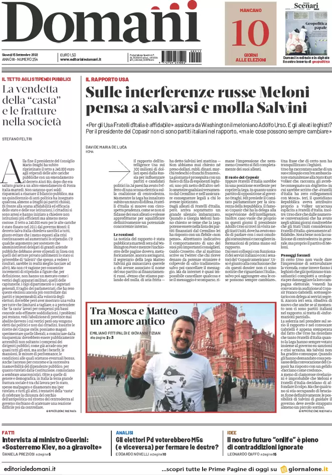 Prime pagine giornali 15 settembre 2022. Salario minimo, finti sì di cdx e Pd Prime pagine giornali 15 settembre 2022. Salario minimo, finti sì di cdx e Pd