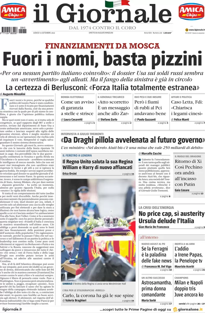 Prime pagine giornali 15 settembre 2022. Salario minimo, finti sì di cdx e Pd Prime pagine giornali 15 settembre 2022. Salario minimo, finti sì di cdx e Pd