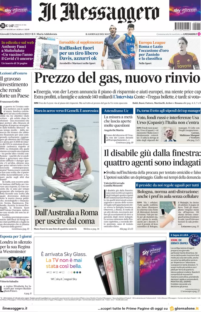 Prime pagine giornali 15 settembre 2022. Salario minimo, finti sì di cdx e Pd Prime pagine giornali 15 settembre 2022. Salario minimo, finti sì di cdx e Pd