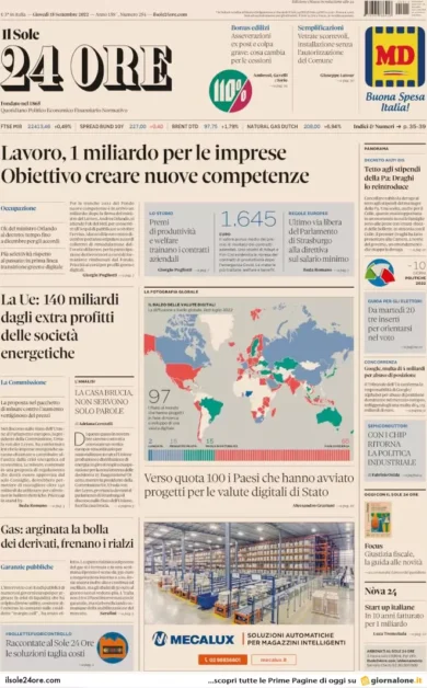 Prime pagine giornali economici 15 settembre. Gas, bolla dei derivati arginata