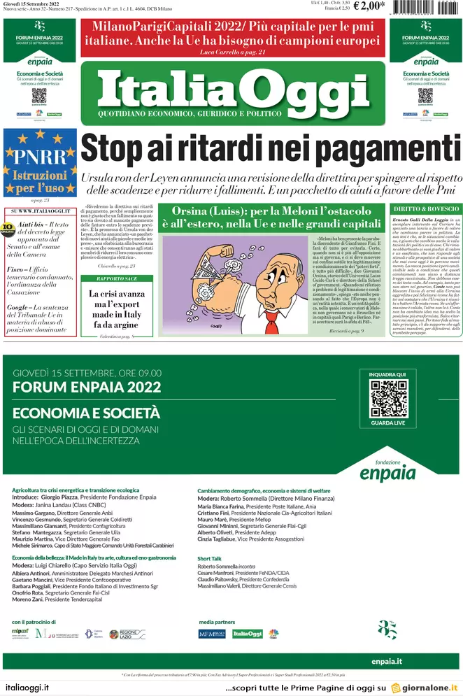 Prime pagine giornali economici 15 settembre. Gas, bolla dei derivati arginata Prime pagine giornali economici 15 settembre. Gas, bolla dei derivati arginata