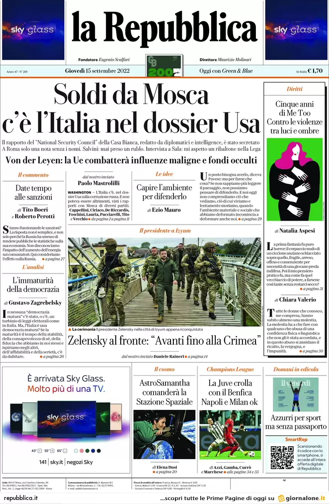 Prime pagine giornali 15 settembre 2022. Salario minimo, finti sì di cdx e Pd Prime pagine giornali 15 settembre 2022. Salario minimo, finti sì di cdx e Pd